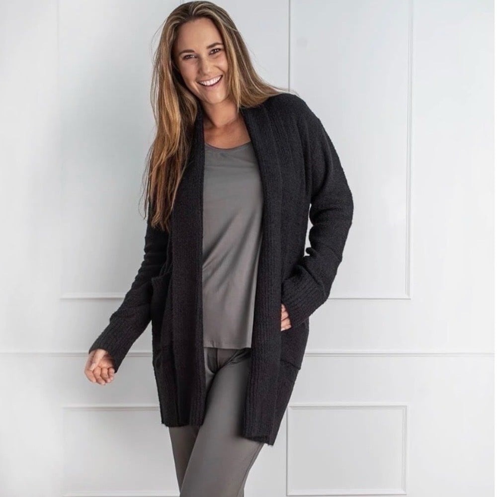 Barefoot Dreams Cozychic Open Knit Cardigan Sweater Dark Gray